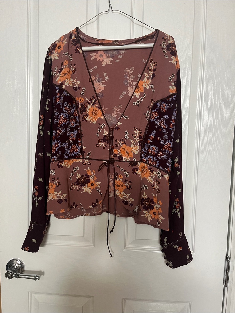 Free People Floral Tie-Front Women’s Blouse - Mauve and Burgundy